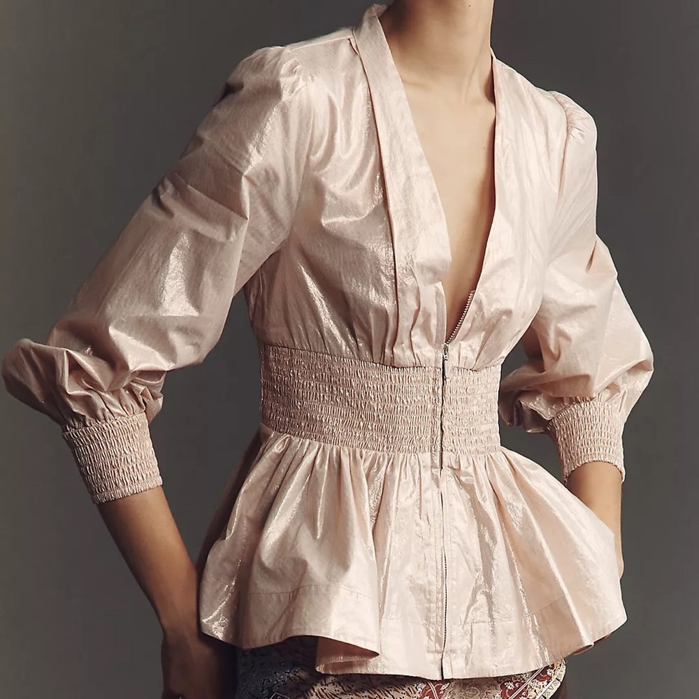 NEW Anthropologie The Tommie Long-Sleeve Shine Smocked Front-Zip Blouse